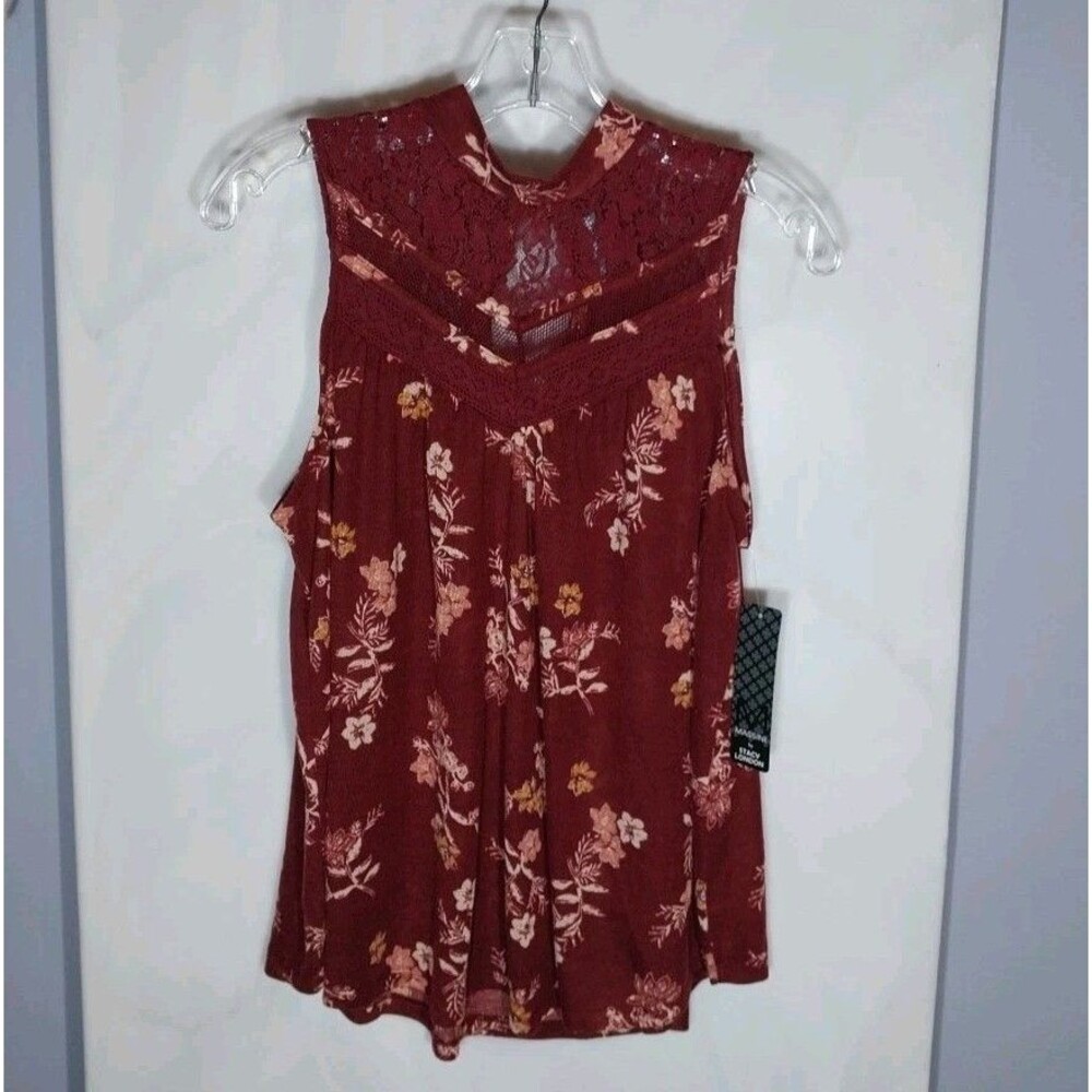 Massini Stacy London Top Burgundy Floral Lace Mock Neck Sleeveless Blouse NWT S